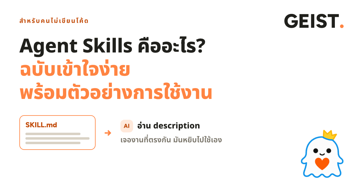 ปกบทความ หัวเรื่องสามบรรทัดว่า Agent Skills คืออะไร ฉบับเข้าใจง่าย พร้อมตัวอย่างการใช้งาน ใต้ลงมาเป็นการ์ดไฟล์ SKILL.md มีลูกศรชี้ไปหาป้าย AI ที่กำลังอ่าน description
