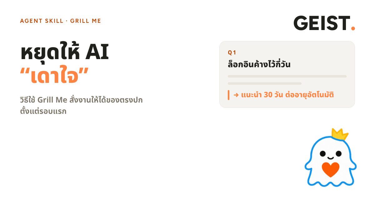 ซ้ายเป็นข้อความตัวใหญ่ว่าหยุดให้ AI เดาใจ โดยคำว่าเดาใจเป็นสีส้ม ขวาเป็นการ์ดคำถามจาก AI หัวข้อ Q1 ล็อกอินค้างไว้กี่วัน พร้อมบรรทัดสีส้มที่แนะนำว่า 30 วัน มุมขวาล่างเป็นมาสคอตผีสวมมงกุฎ