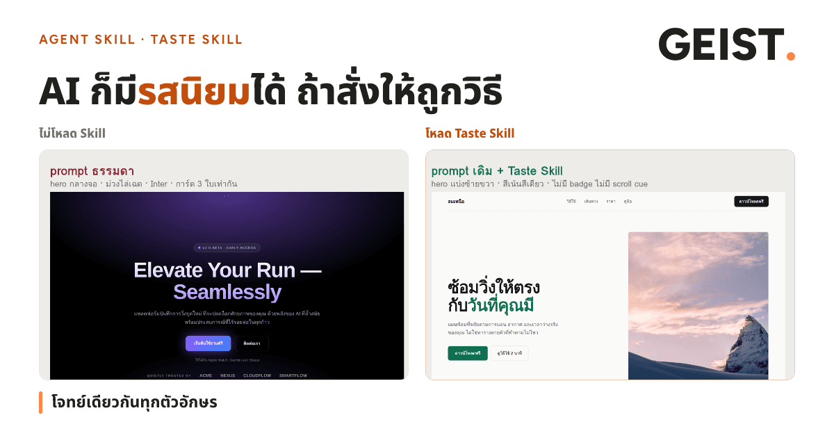 ปกบทความ หัวเรื่องว่า AI ก็มีรสนิยมได้ถ้าสั่งให้ถูกวิธี ใต้ลงมาเป็นภาพเทียบหน้าเว็บแอปวิ่งสองแบบ ฝั่งซ้ายพื้นดำไล่เฉดม่วงหัวเรื่องภาษาอังกฤษ ฝั่งขวาพื้นขาวหัวเรื่องภาษาไทยคู่กับรูปภูเขา