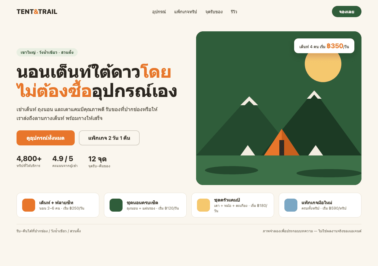 ภาพจำลองหน้าเว็บเช่าอุปกรณ์แคมป์ โทนเขียวส้ม หัวเรื่องชิดซ้ายคู่กับภาพภูเขาและเต็นท์